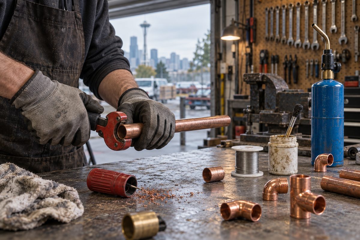 Hands cutting copper pipe on the Best Plumbing shop bench among fittings and tools