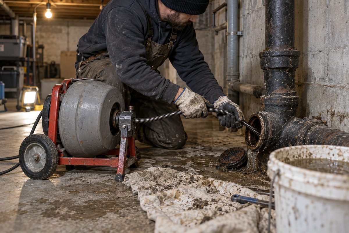 Drain cable machine feeding into an open cast iron cleanout in a basement