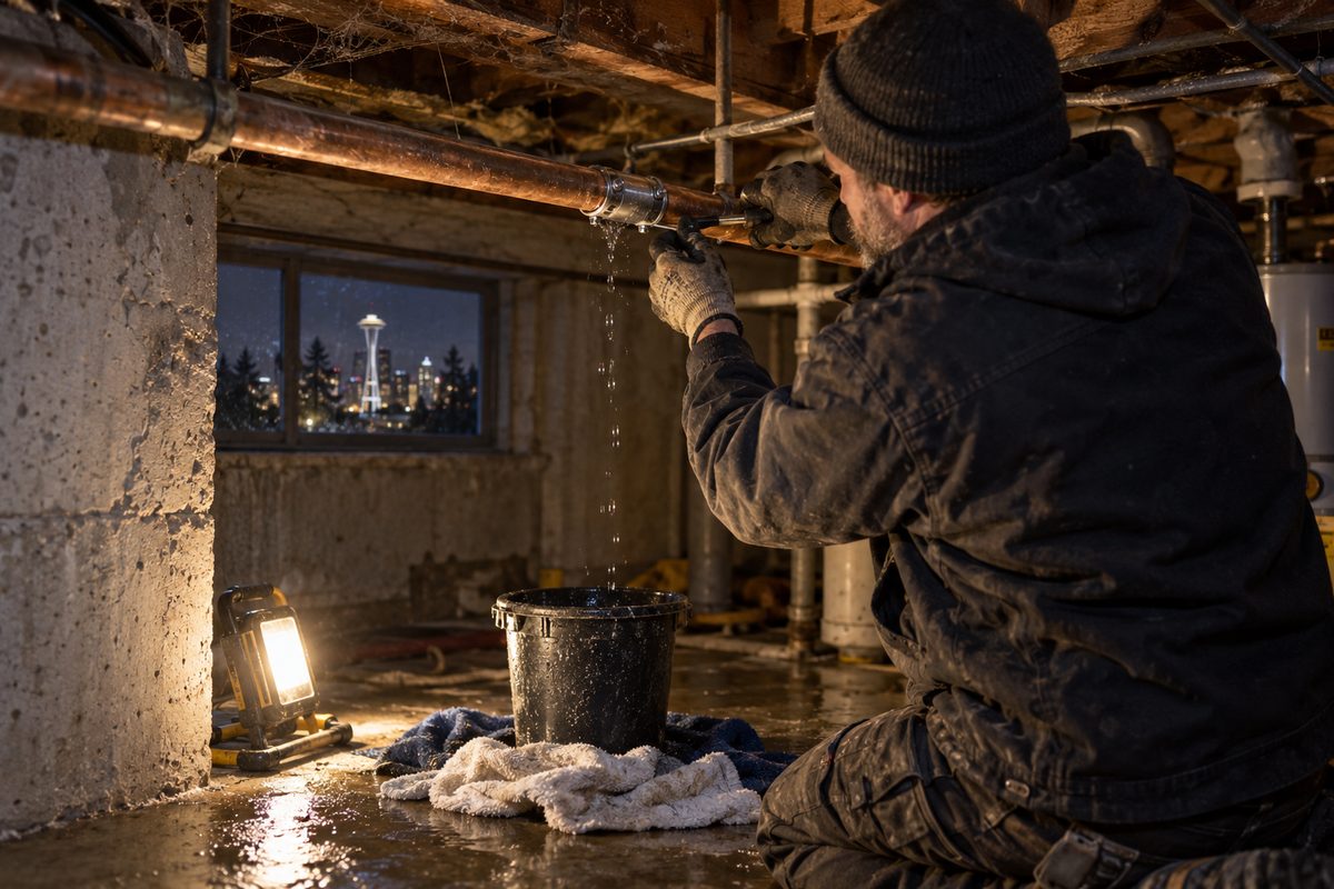 Plumber clamping a split copper water line in a Seattle basement at night under a work light