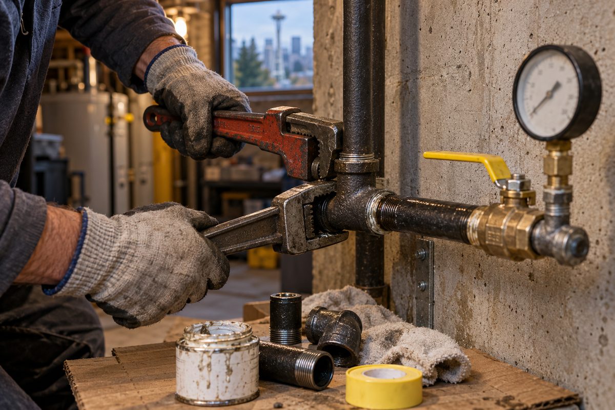 Black iron gas pipe being fitted with pipe wrenches and a pressure test gauge attached
