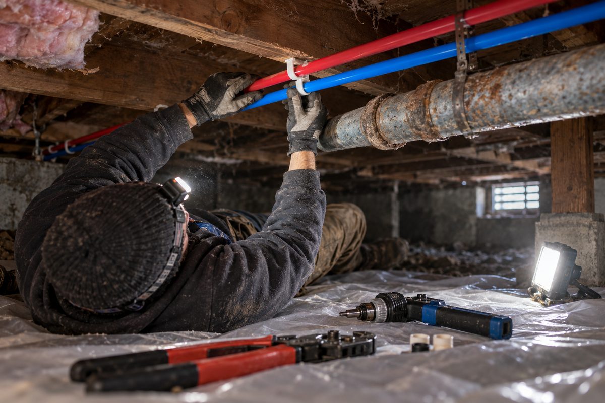 New PEX-A water lines being fixed to joists beside old galvanized pipe in a crawlspace