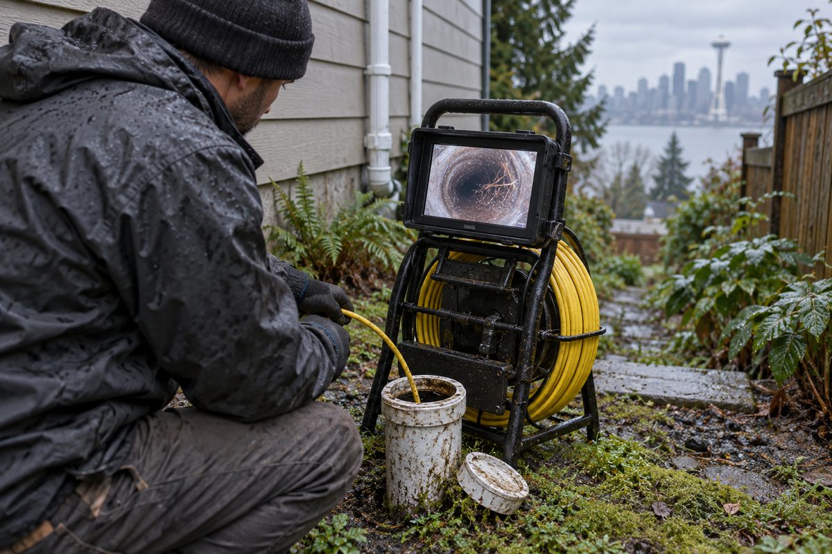 Sewer camera reel and monitor beside an open cleanout during a side sewer inspection