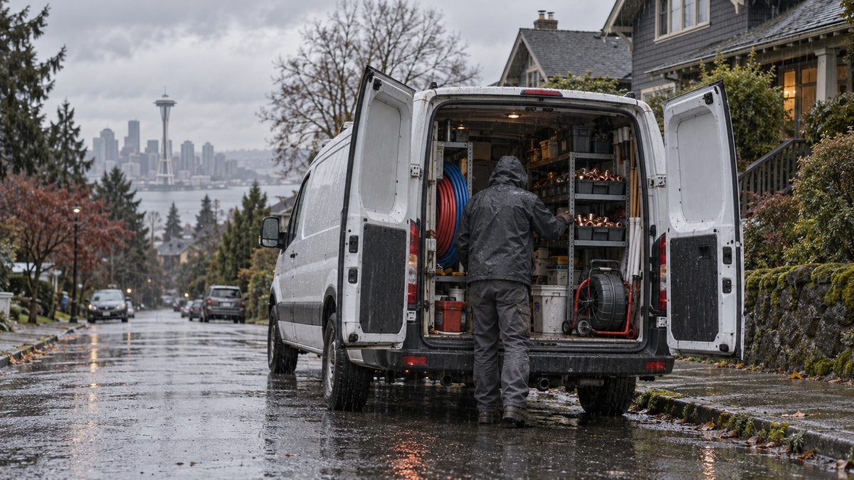 Work van with rear doors open on a rainy Seattle street, plumber loading tools