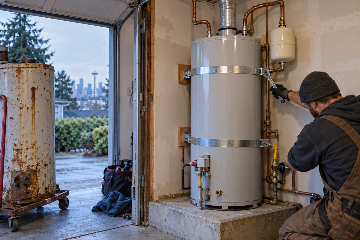 New gas water heater being strapped and vented with the old unit on a dolly beside it